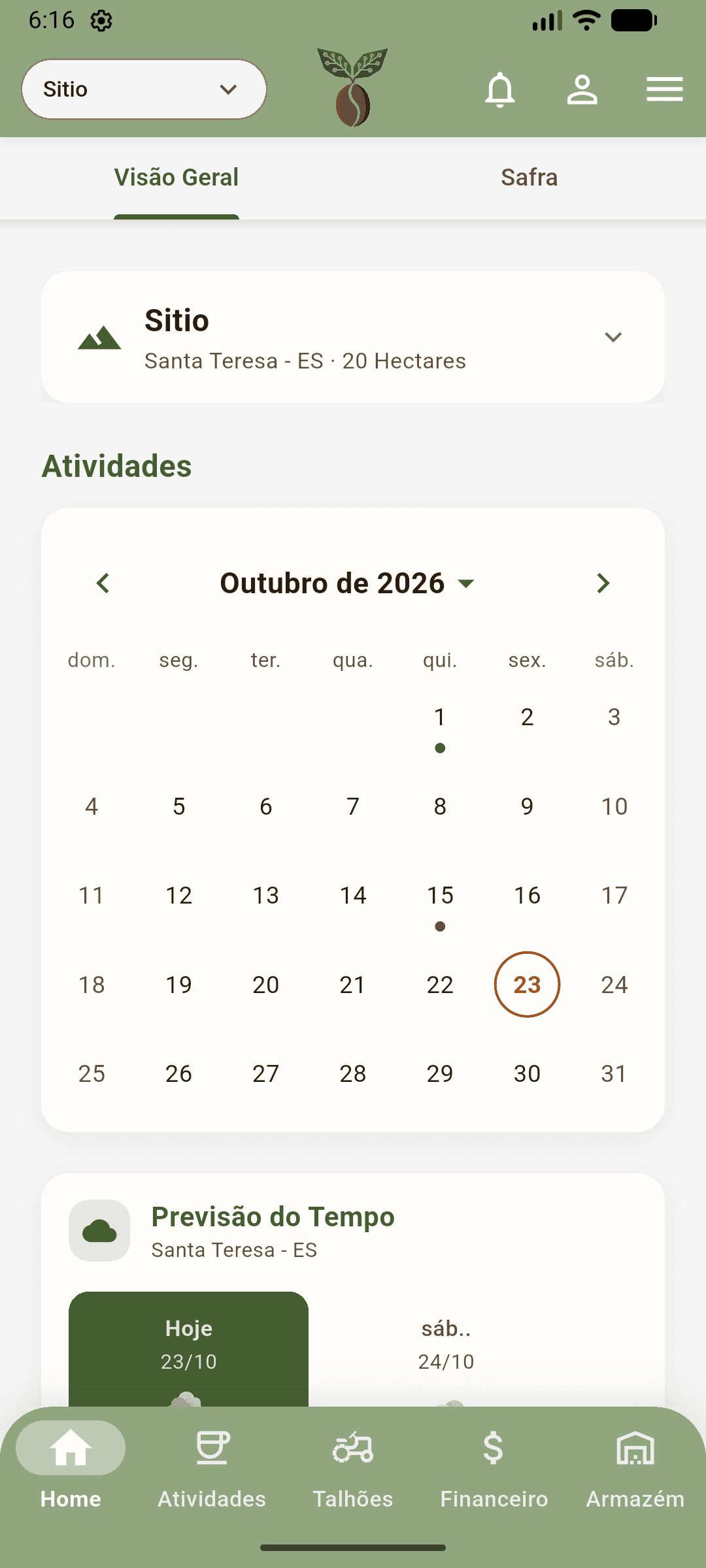 Tela inicial do app Sysgrano no celular